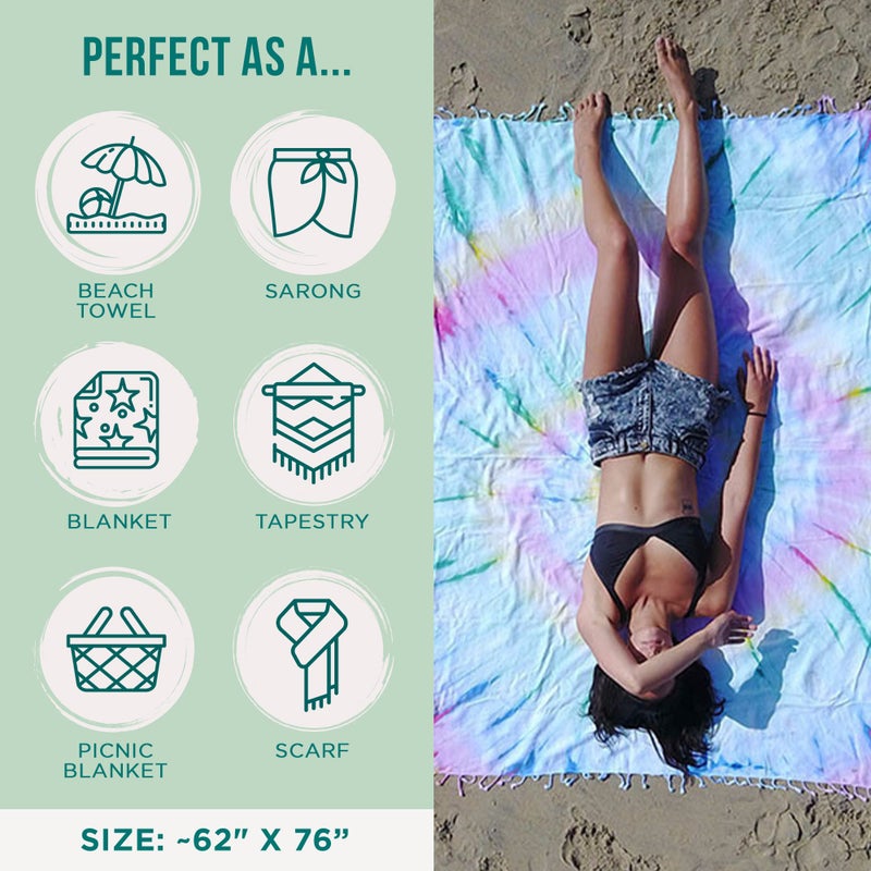 Sand Cloud Extra Large Turkish Beach Towel - Sand Free - 100% Organic Turkish Cotton Yarn - Quick Dry Towel for Beach, Picnic Blanket or Throw - As Seen on Shark Tank - Tie Dye (Wanderlust) - Image 3